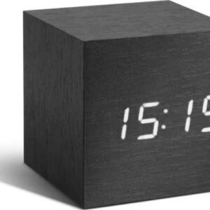 Tmavě šedý budík s bílým LED displejem Gingko Cube Click Clock. Nejlepší hlášky